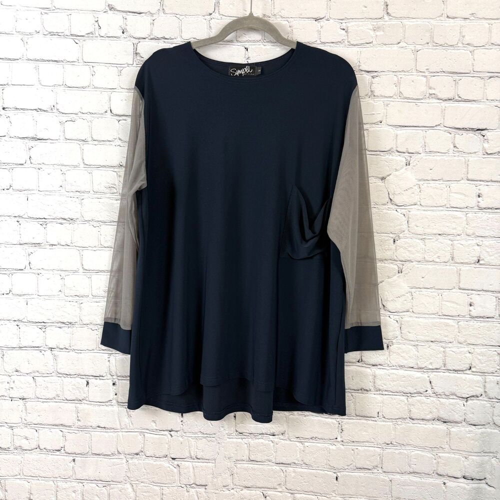Sympli Navy Tunic Top Sheer Mesh Sleeves Drape Pocket Women’s Size 2 Lagenlook